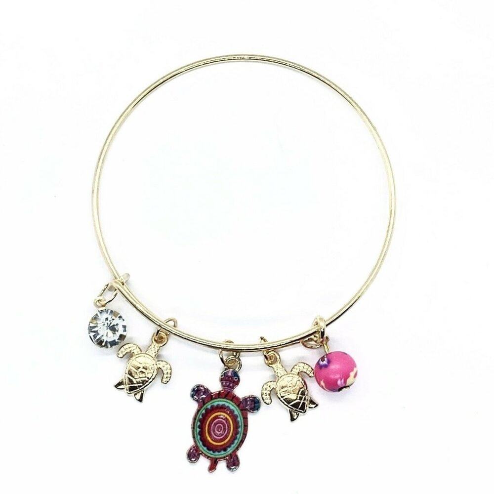 Beaded Sea Turtle Charm Colorful Bangle Bracelet